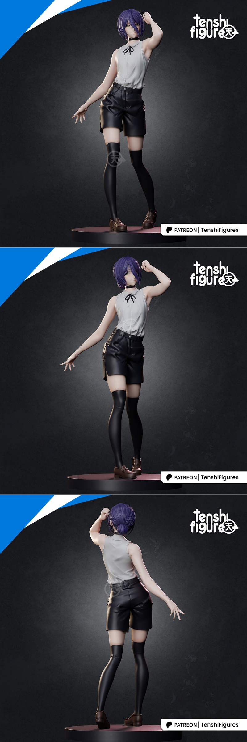 Reze in a combat pose with a sword, wearing a sleeveless top and shorts.