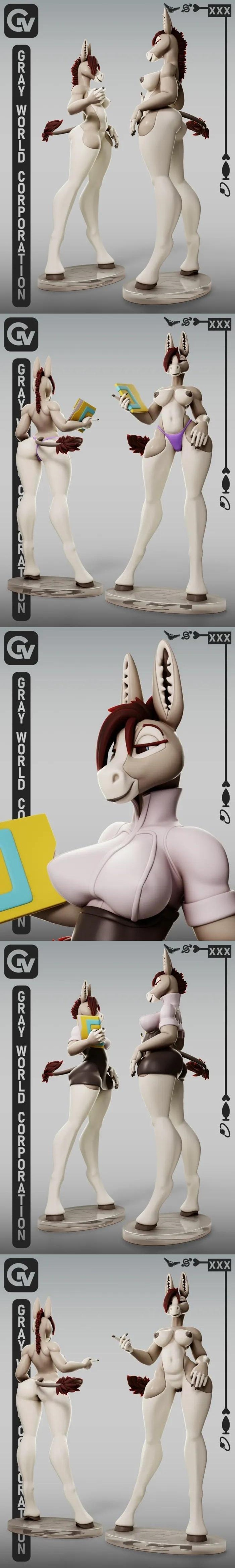 Furry donkey character in a library, holding a book and posing in a library setting.