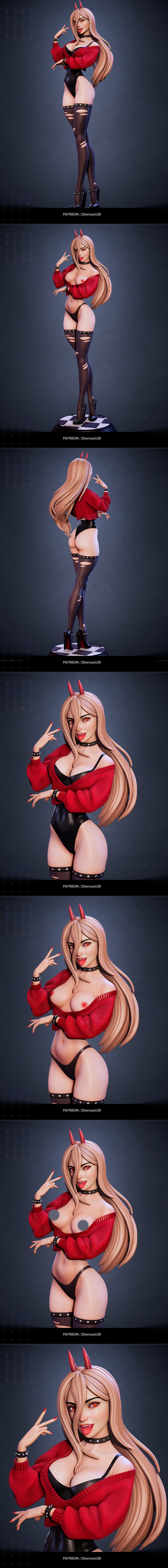 3D model of Power from Chainsaw Man, featuring red horns, a black leotard, red sweater, ripped stockings, and spiked...
