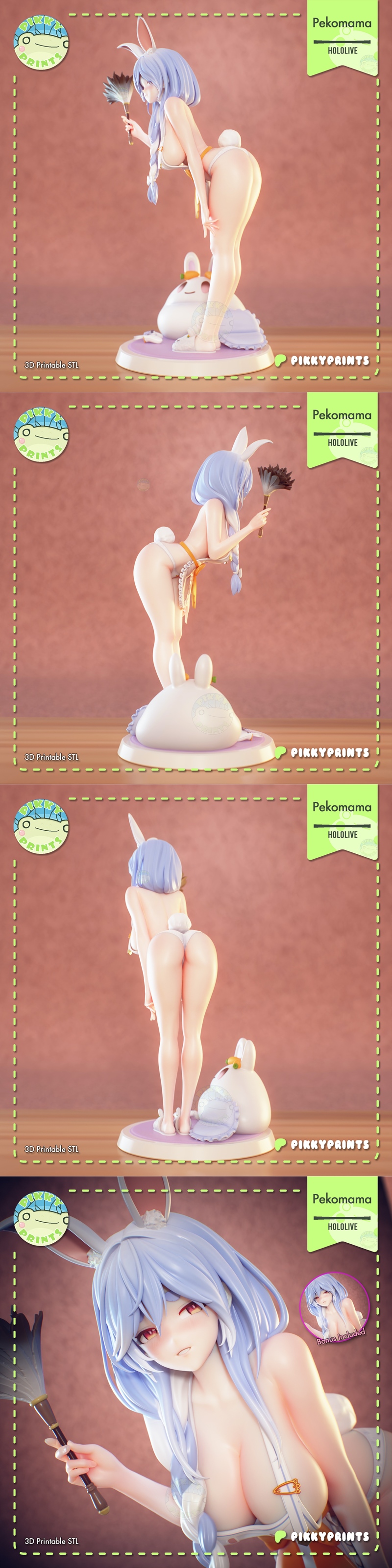 Pekomama 3D model by Pikky Prints, a scantily clad anime character with bunny ears, holding a feather duster, with a...