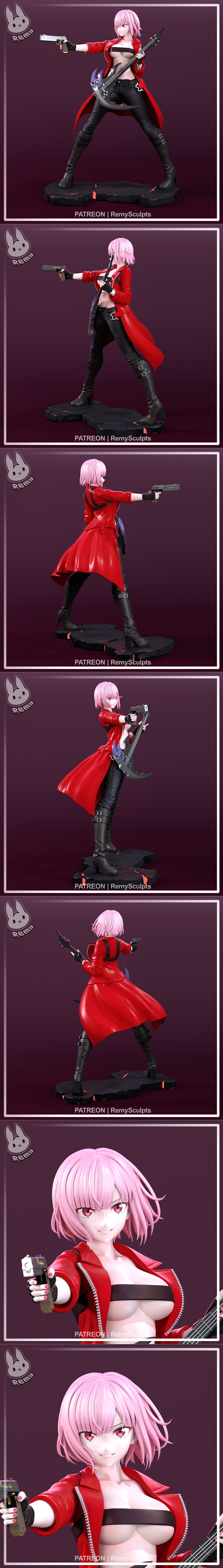 Anime character Mori Calliope in power armor, holding a gun and a bass guitar, in a combat stance.