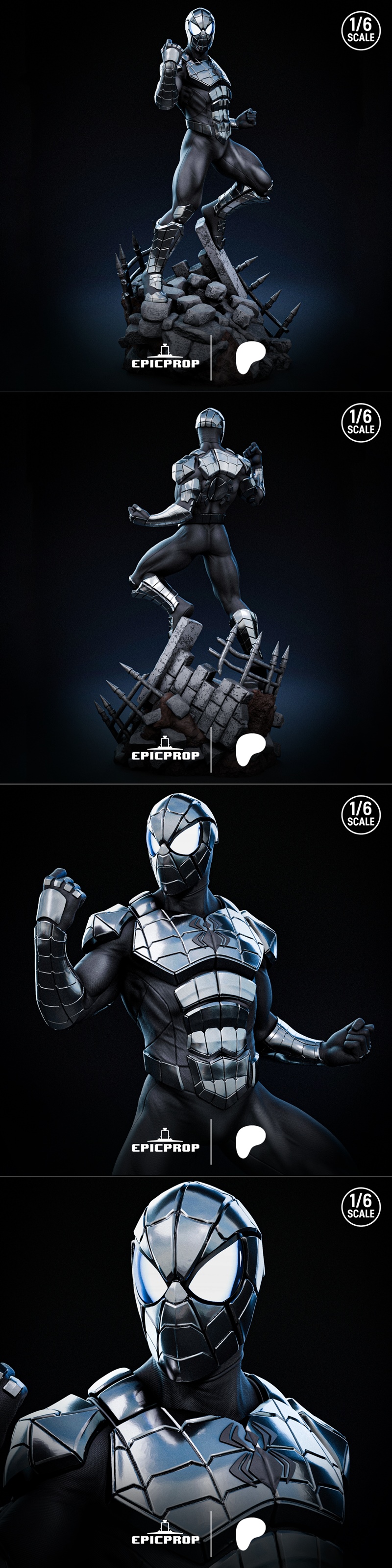 1/6 scale 3D printable model of Armored Spiderman in a dynamic pose on a rubble base, by Epic Prop.
