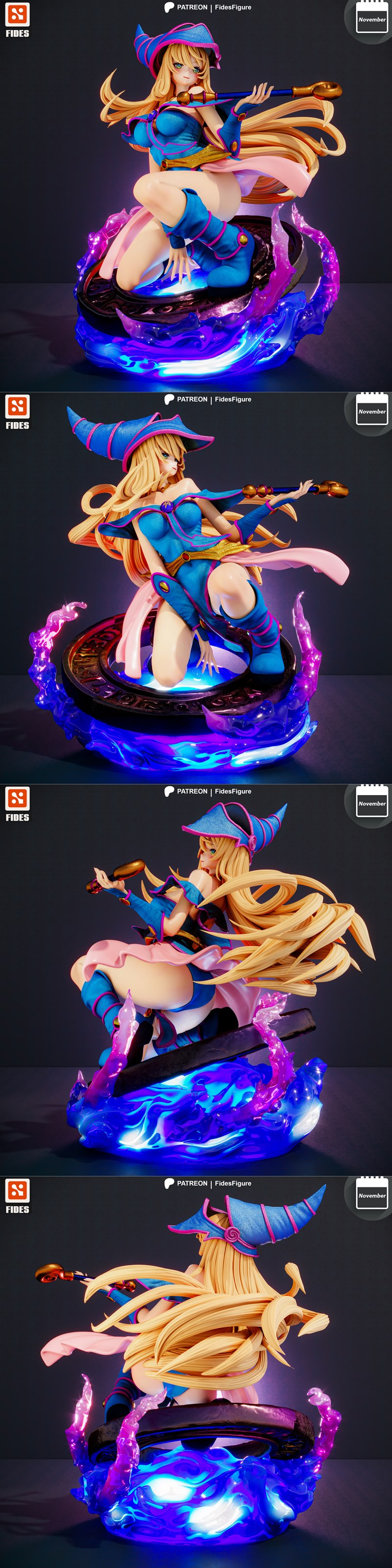 Fides Figure's Dark Magician Girl 3D model, seated with blonde hair, blue outfit, and magical staff, surrounded by pu...