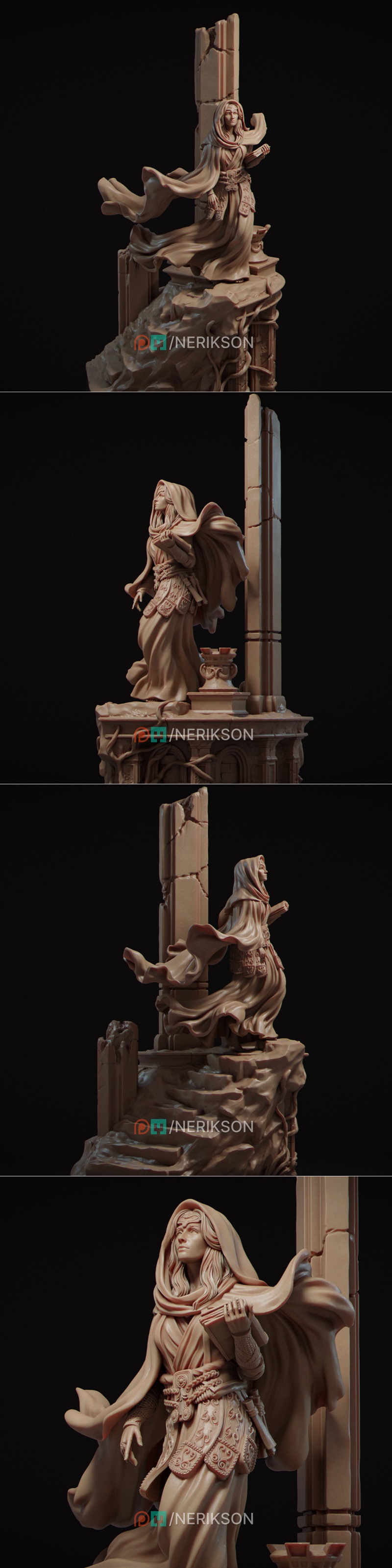 3D model of a female traveler in flowing hooded robes, holding a book, with an ornate belt, posed against a stone pil...