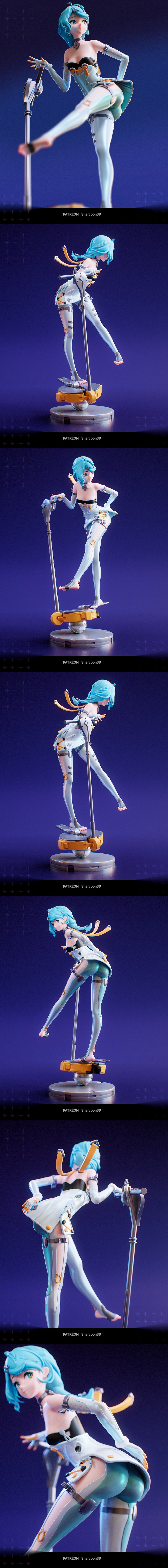 Seed ZZZ anime figure by Shercoon3D, blue hair, green eyes, wearing a revealing light blue and white sci-fi outfit, p...