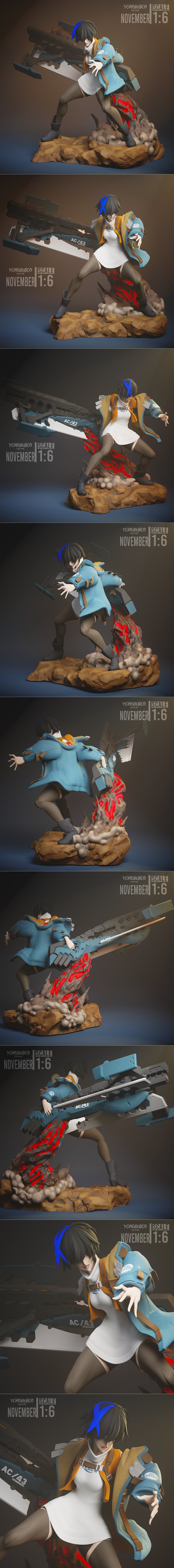 Unika character figure in dynamic pose with large sci-fi weapon, wearing white dress, dark stockings, and blue/yellow...