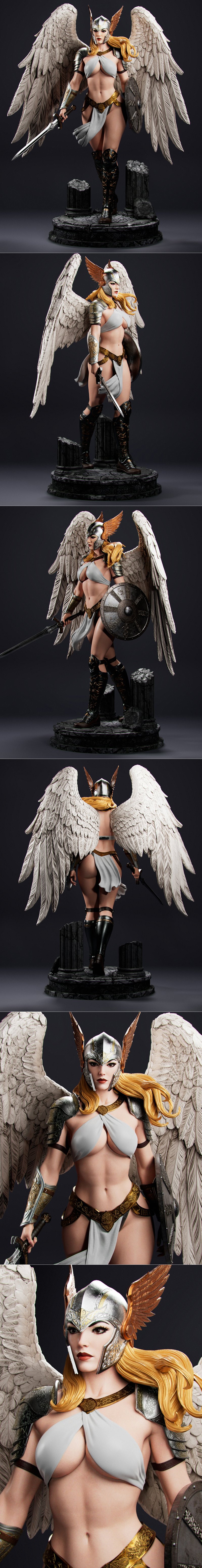Brynhildr Valkyrie 3D model with large feathered wings, white outfit, golden armor, and sword, standing on a stone ba...
