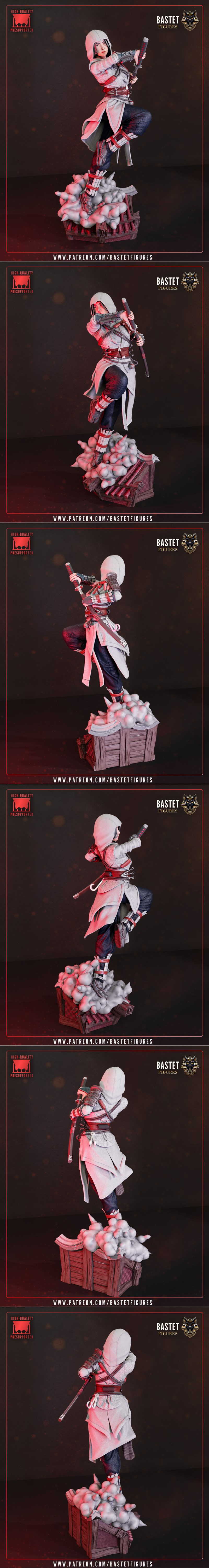 Naoe 3D model figure from Bastet Figures, wearing a hooded tunic and holding a katana, posed dynamically amidst red s...