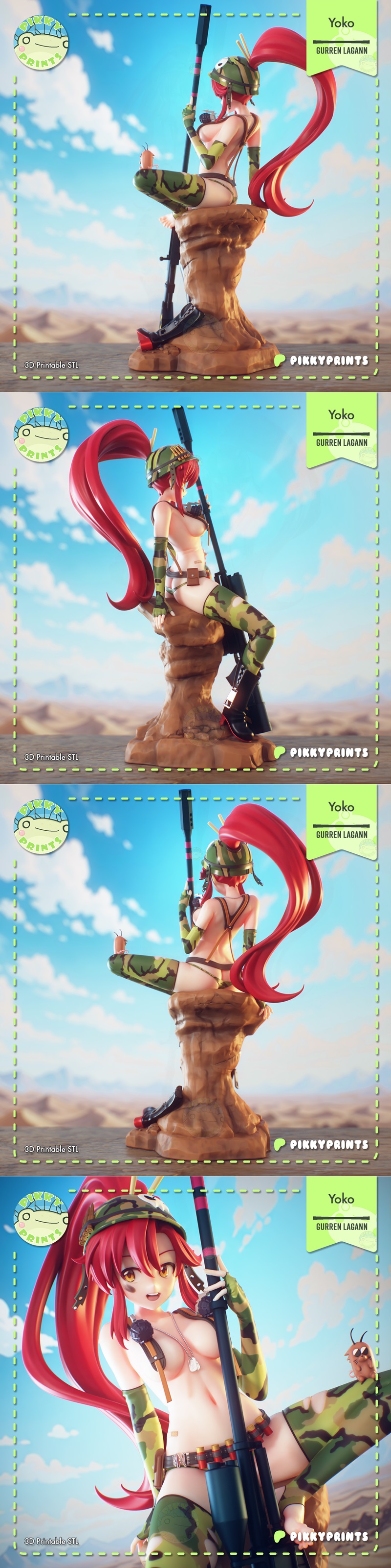 Yoko Littner from Gurren Lagann anime, 3D printable figure by Pikky Prints. Seated on desert rock, holding sniper rif...