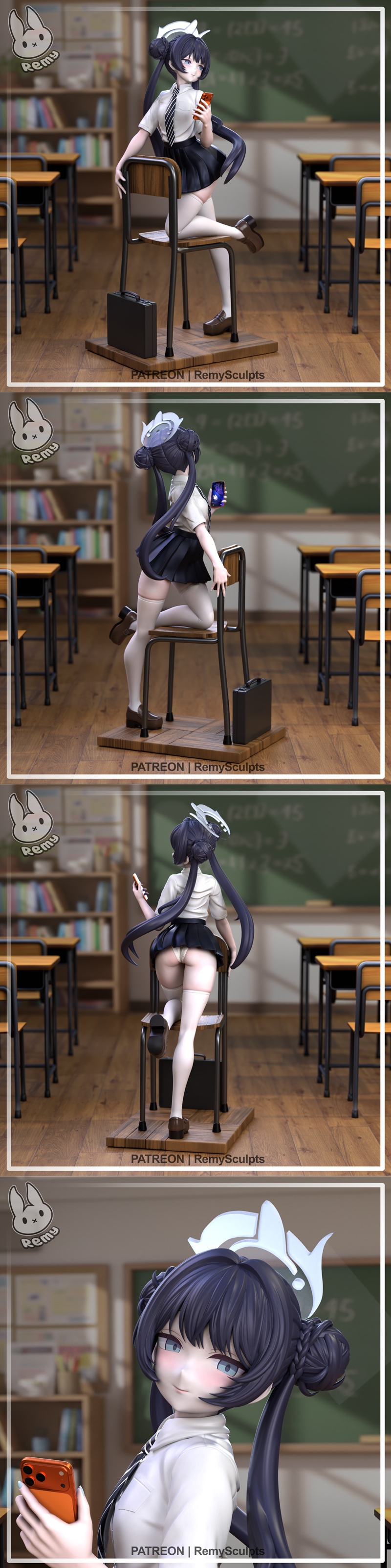 Anime character Kisaki in a schoolgirl outfit, holding a phone, standing in a classroom setting.