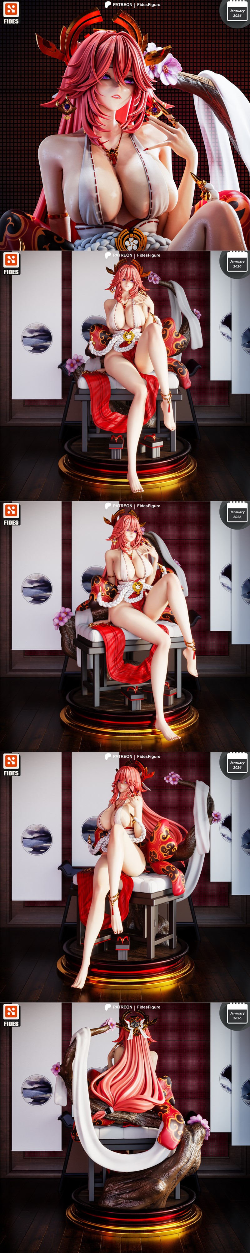 Yae Miko Genshin Impact 3D figure by Fides Figure, seated seductively in revealing kimono with pink hair and horns.