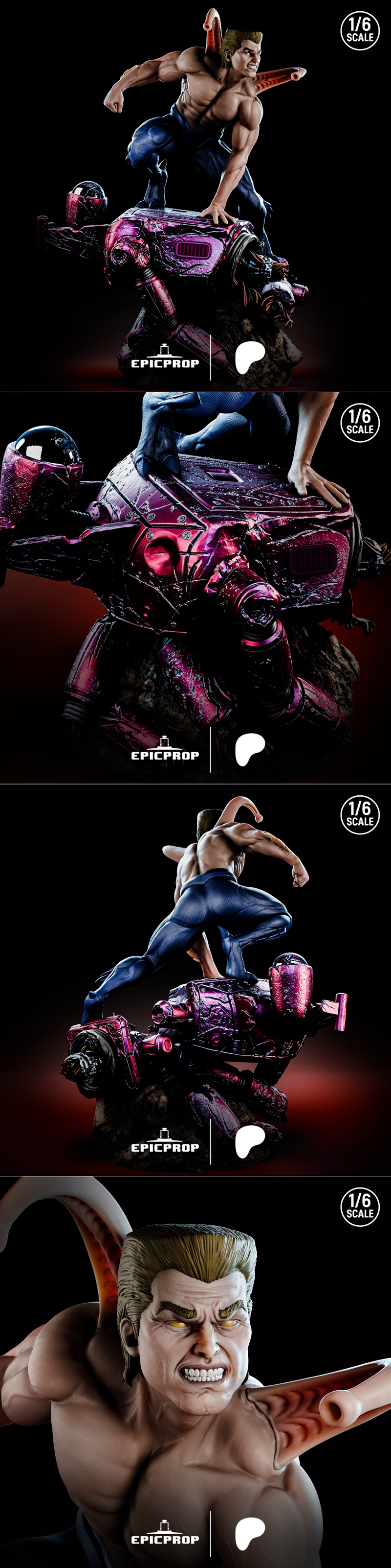 1/6 scale 3D print figure of Alistair Smythe in a dynamic action pose, standing on a defeated robot. Muscular build,...