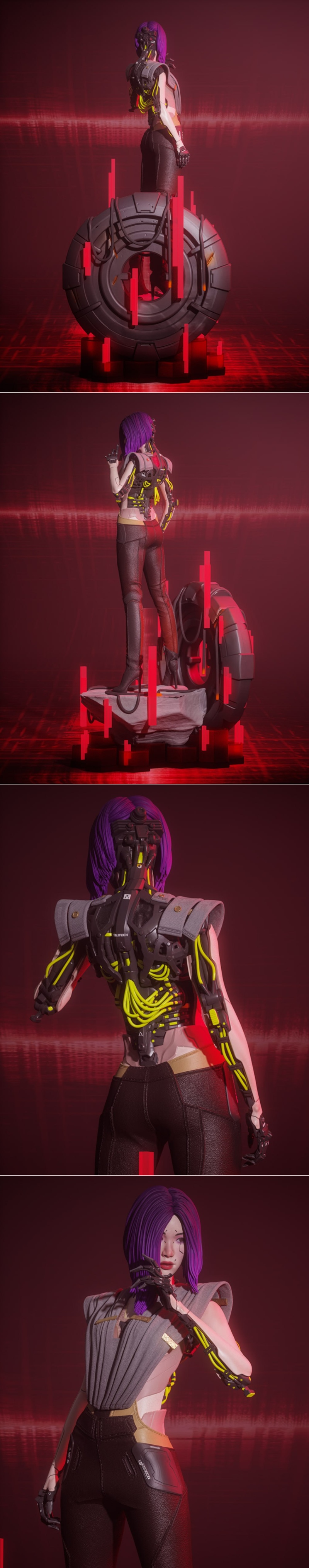 Songbird figure from Cyberpunk 2077 by Yongblood Sculpture, standing on a rocky base with futuristic elements and red...