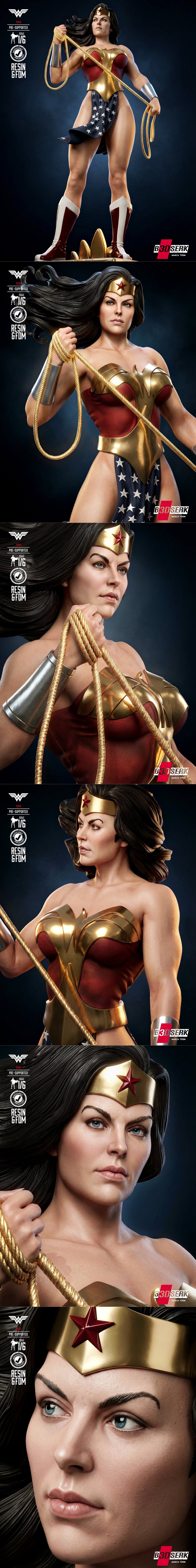 Wonder Woman sculpture by B3DSERK, standing heroically with lasso and shield on an ornate base, 1/6 scale, pre-suppor...