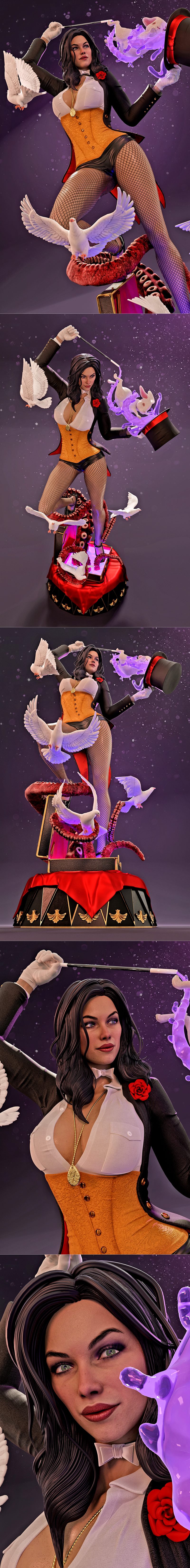 Zatanna figure performing magic trick with top hat, rabbit, doves, and tentacles emerging from a suitcase, by MCM3D.