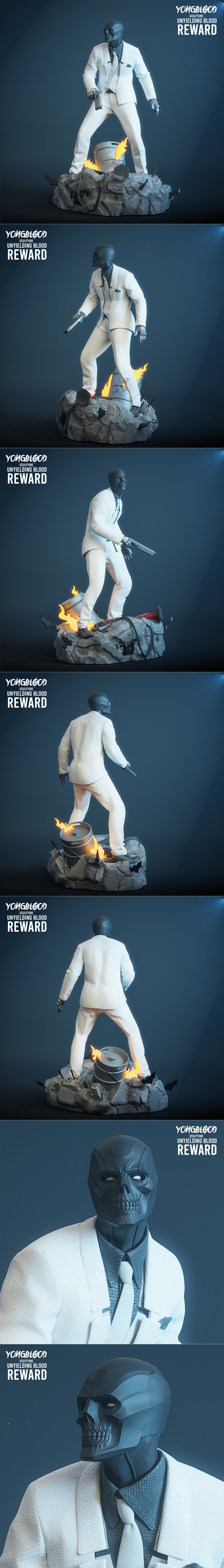 Blackmask character in a white suit and skull mask, holding a pistol, standing on a rocky diorama with fire and bats....