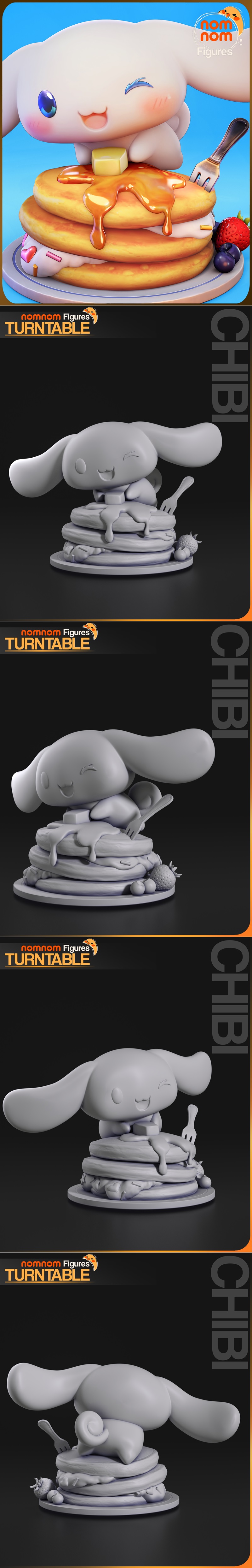 Chibi Cinnamoroll character winking, perched on a stack of pancakes with syrup and butter. A fork is in the pancakes,...