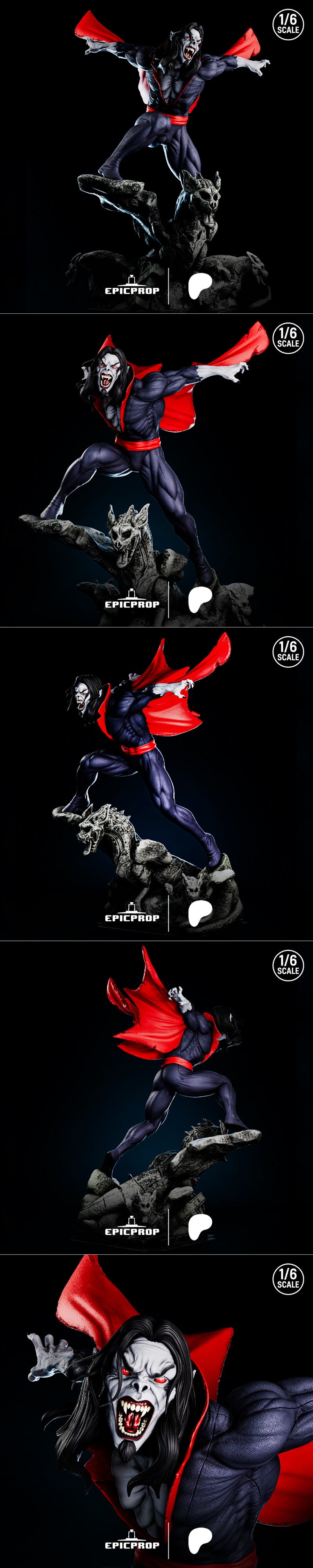 Morbius 1:6 scale 3D print model by Epic Prop, leaping dynamically onto a base with gargoyles, wearing a red cape and...