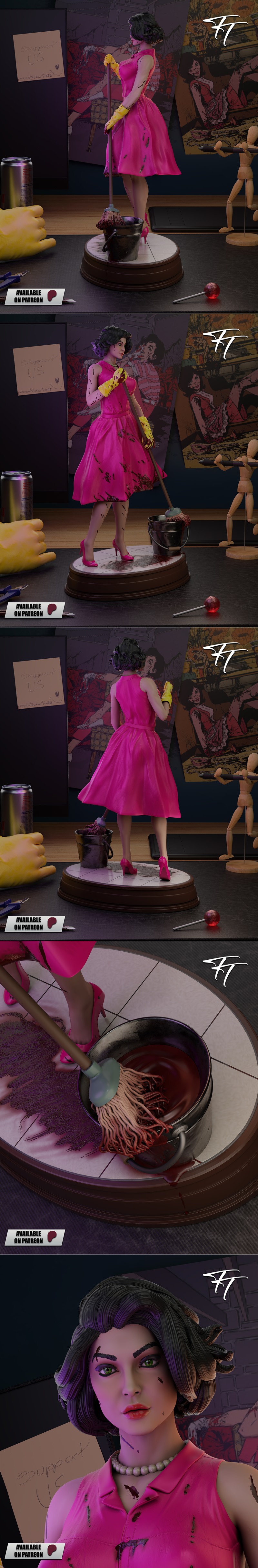 Woman in a pink dress splattered with blood, holding a mop over a bucket of red liquid. Yellow gloves, high heels, an...