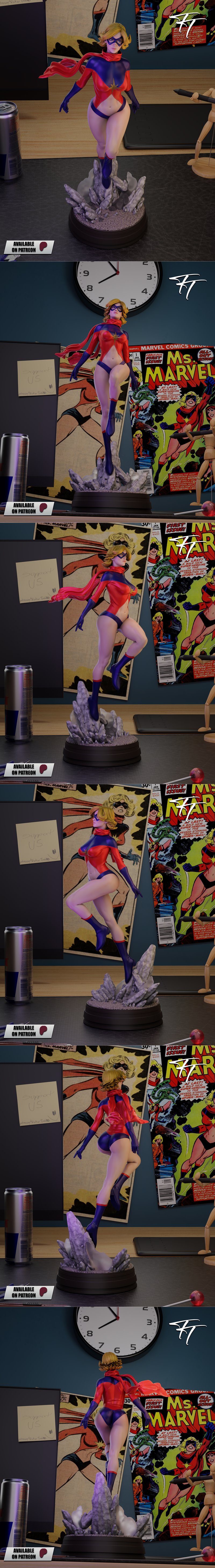 Classic Ms. Marvel 3D model figure in red and blue costume with red scarf and mask, posed heroically on a rocky base,...