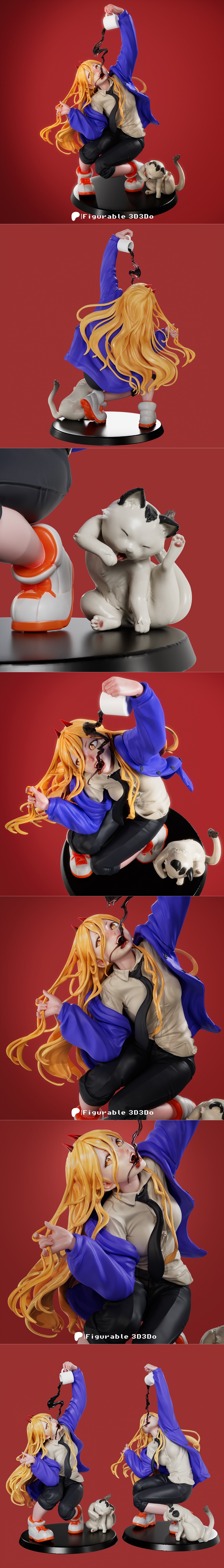 3D printable figure of Power from Chainsaw Man pouring coffee into her mouth, with a stream spilling out, and her dog...