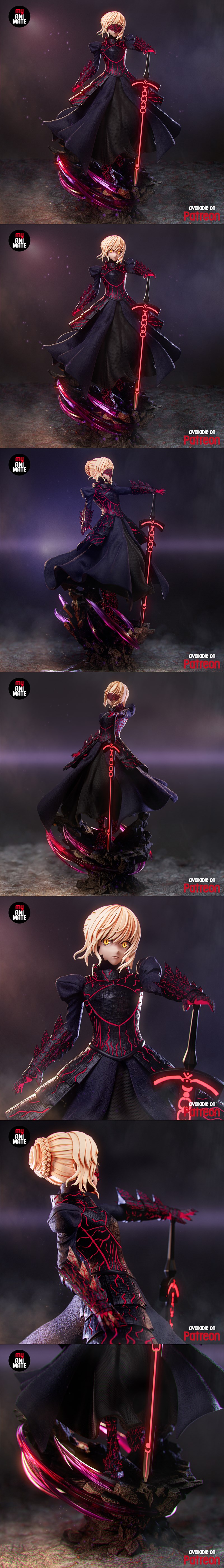 Saber from Fate Series figure with glowing sword and red mask, wearing a dark gothic dress and armor, standing on a r...