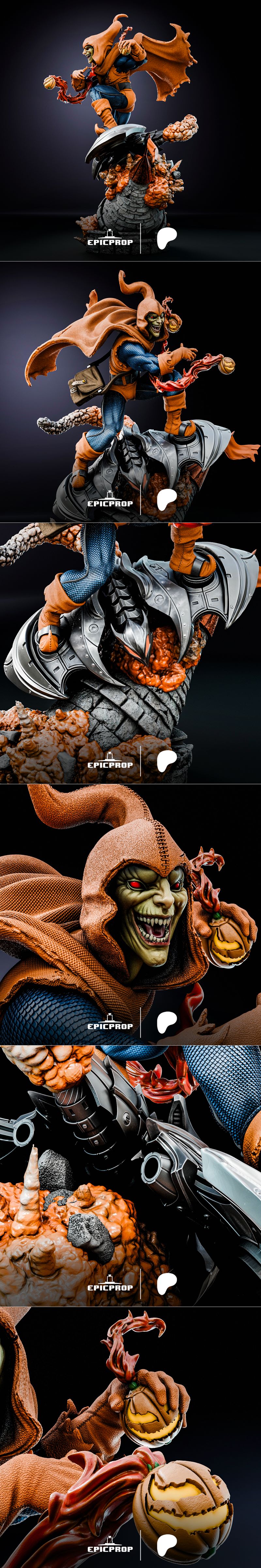 Epic Prop Hobgoblin 3D model figure, wearing orange and blue suit, green face, orange cape, holding pumpkin bombs, st...