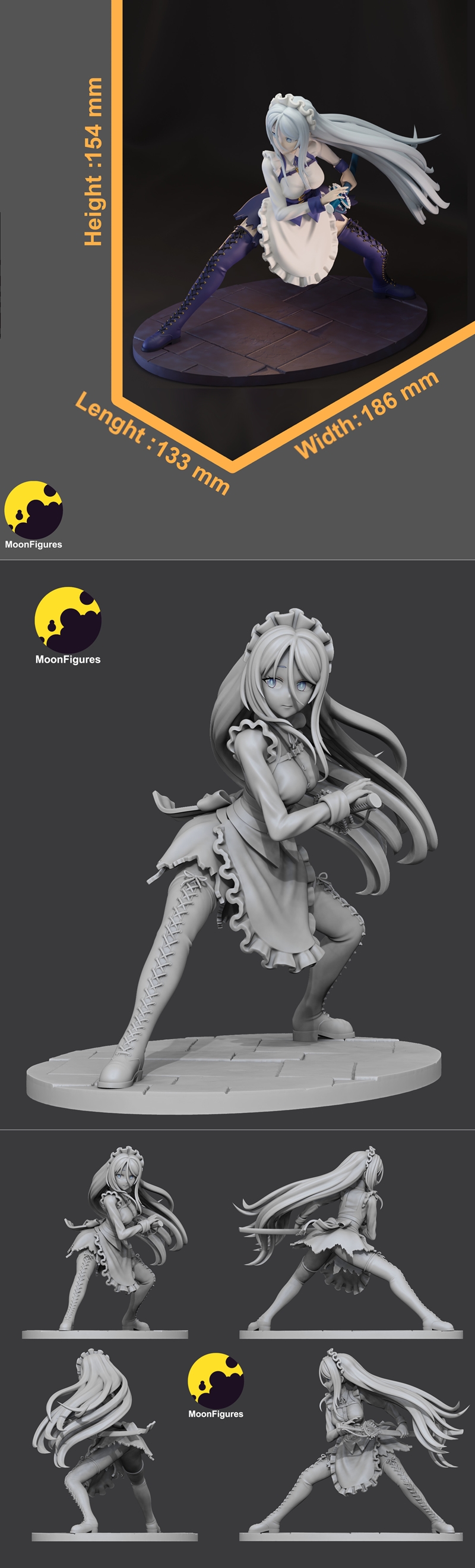 Anime-style 3D model of Sylpha by MoonFigures, crouching in a maid outfit with white hair and blue eyes, wearing lace...