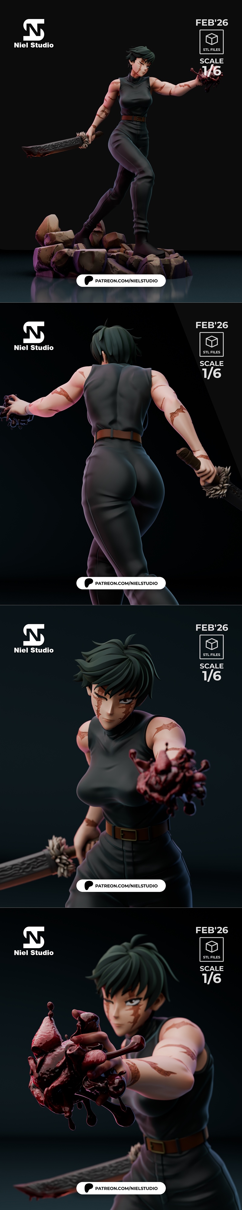 Maki Zenin 3D model from Jujutsu Kaisen, 1/6 scale, holding a sword and a bloody severed hand, standing on a rocky ba...