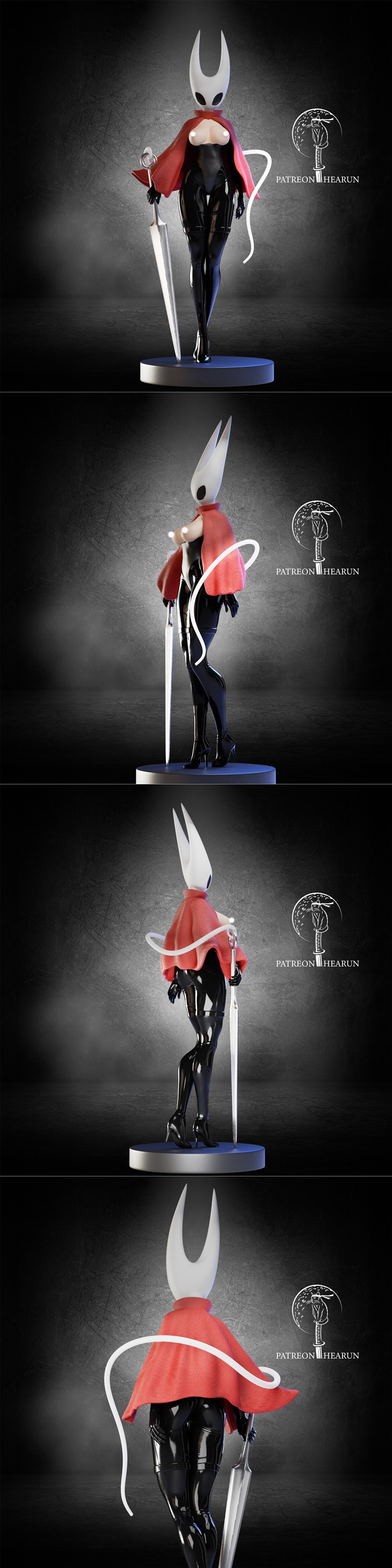 Hornet from Hollow Knight game, wearing a red cape and black bodysuit, with exposed breasts and holding a needle weap...