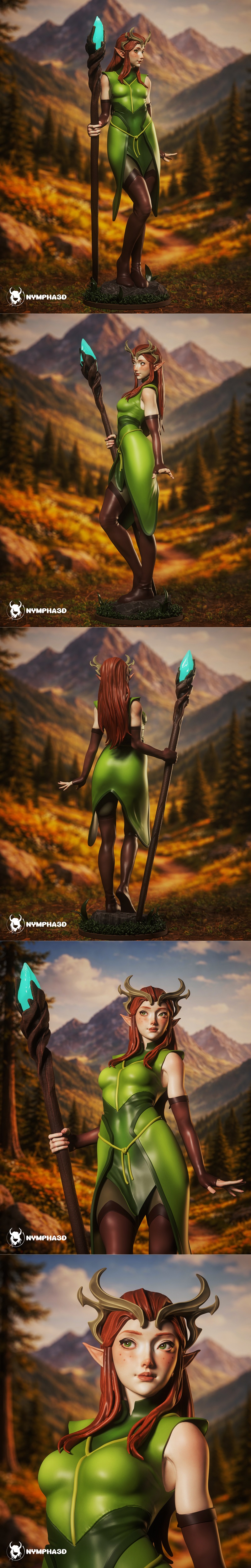 Keyleth, an elf warrior from 'Naruto', stands heroically in a mountainous landscape, holding a staff. She is dressed...