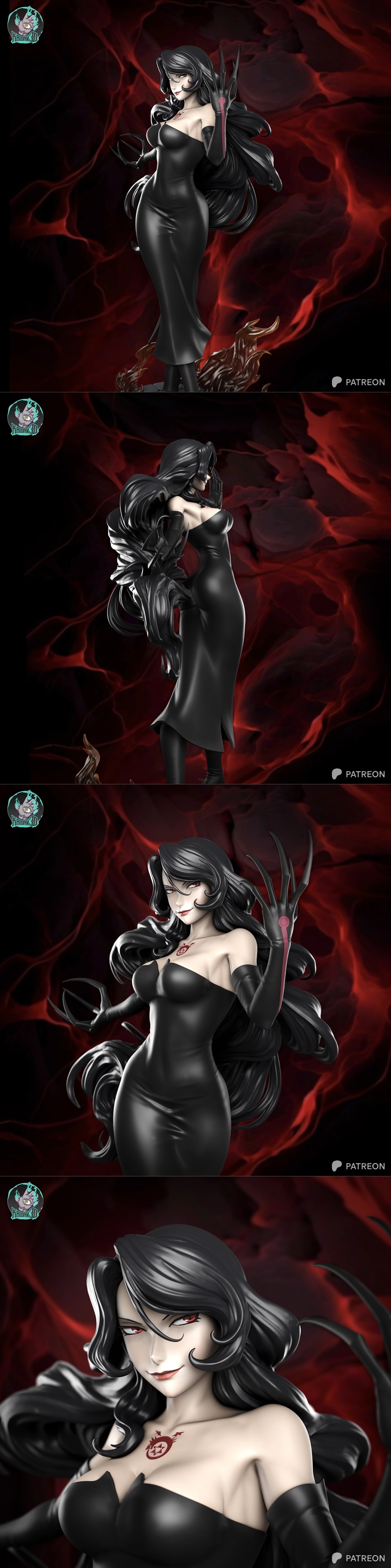 Fullmetal Alchemist's Lust character 3D model, wearing a black strapless dress and long gloves, with sharp claws exte...
