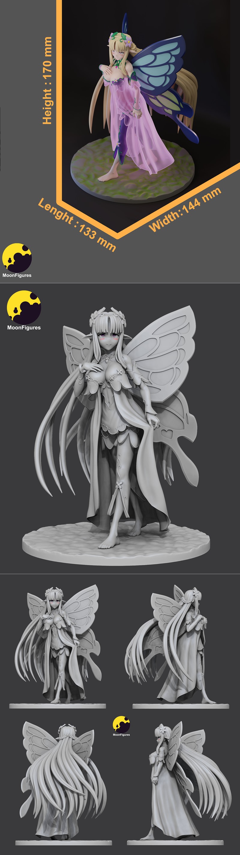 MoonFigures Titania 3D model: fairy with blonde hair, elf ears, and large blue butterfly wings, wearing a sheer pink...