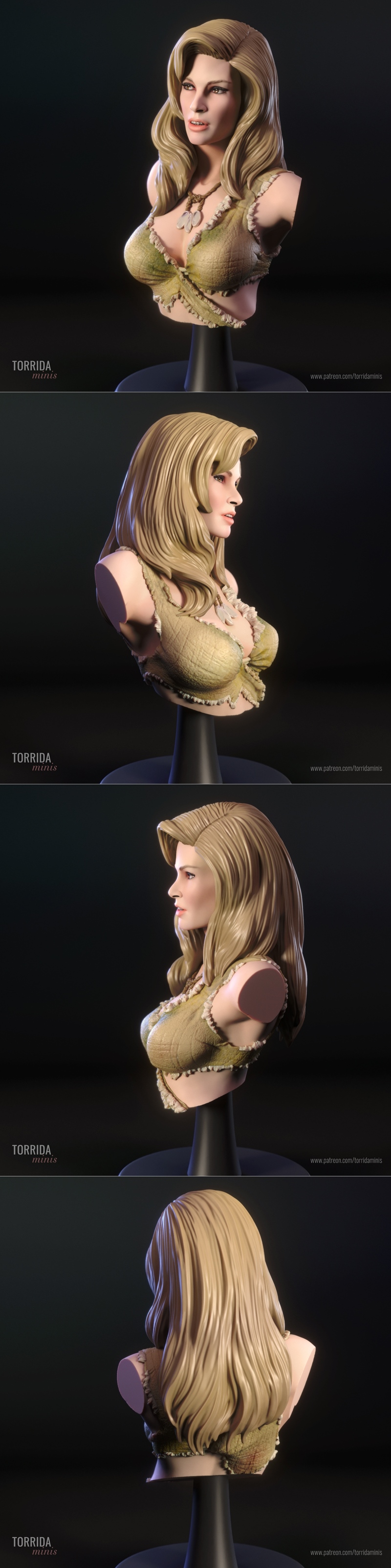 Bust of a blonde woman named Loana, wearing a tribal necklace and a revealing, frayed top. Torrida Minis 3D model.