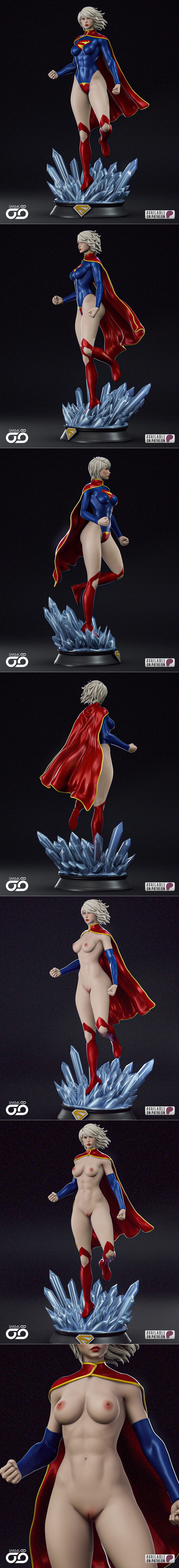 Supergirl 3D model figure by Shadaloo Studios, wearing blue bodysuit with red cape, heroic pose, detailed musculature.