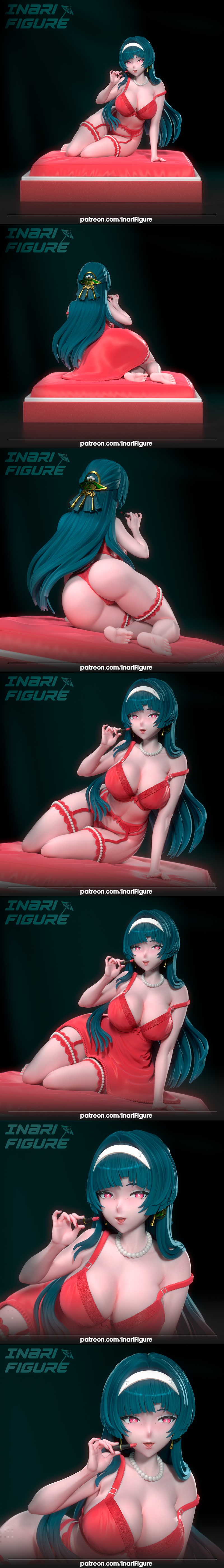 Astra Yao 3D model in a red lingerie set, reclining seductively on a red cushion. Teal hair, white headband, pearl ne...