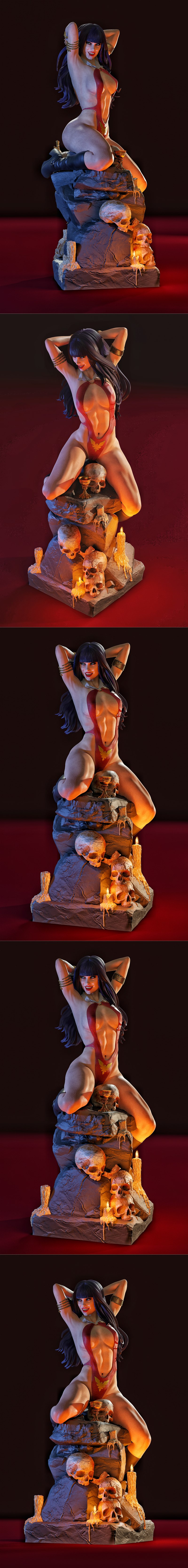 Vampirella figure in a revealing red costume, kneeling on a rocky base with skulls and candles, hands behind her head...