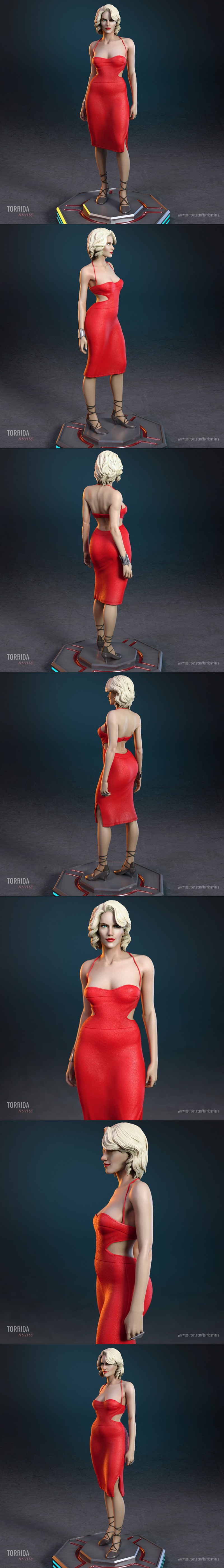 Torrida Minis 'Number Six' 3D model: woman in red dress with cutouts and high slit, strappy heels, standing on illumi...