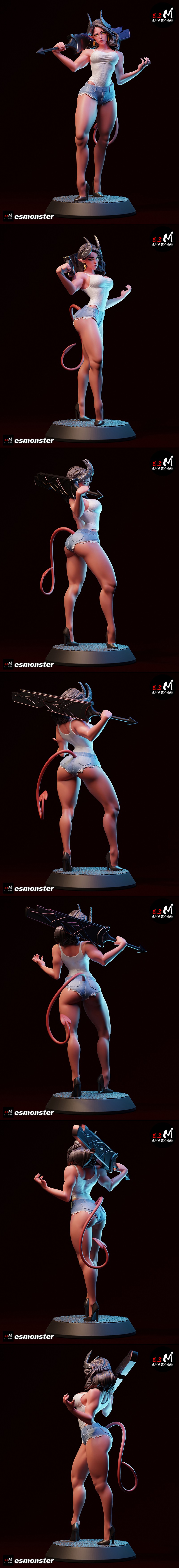 Demon character Malevola with horns and tail, holding a large sword, wearing a tank top and denim shorts, posed dynam...