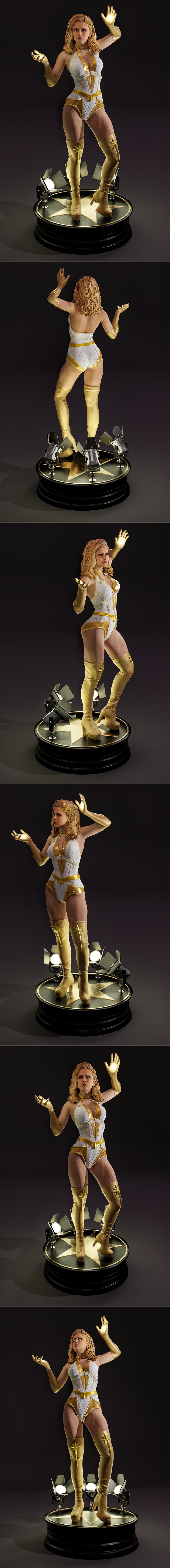 Anime character Starlight in a golden costume with a star emblem, standing heroically with one hand raised.