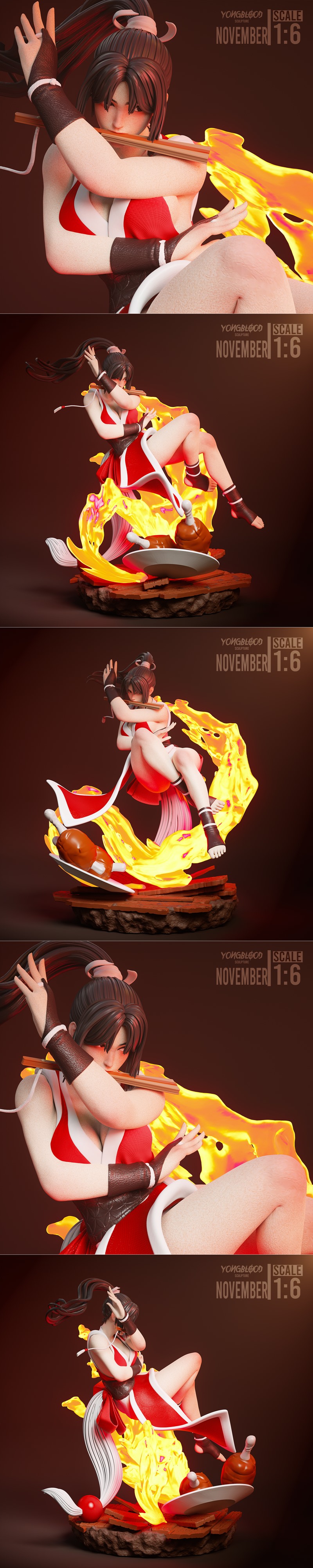 Mai Shiranui in a heroic pose with a sword and flames, 1:6 scale 3D print model.