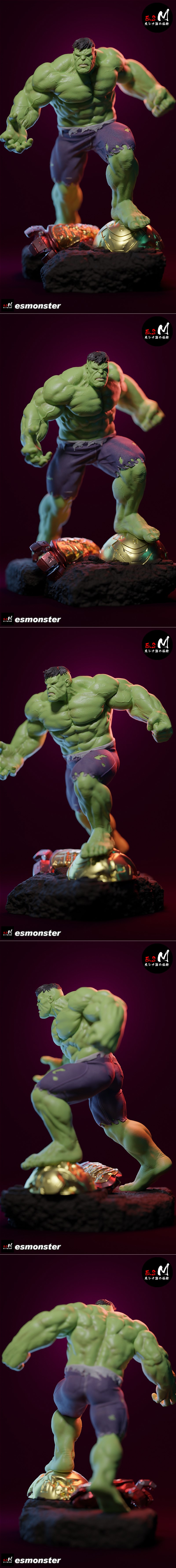 Muscular green Hulk figure with ripped purple pants, standing on a golden sphere, by E.S Monster.