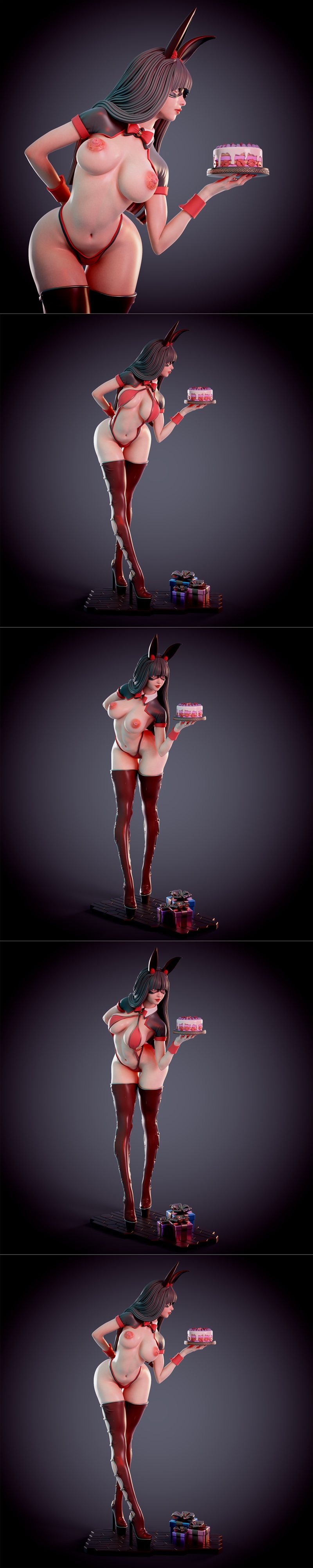 Bunny waitress figure in a revealing red and black outfit, holding a cake. Anime-inspired style with bunny ears and l...