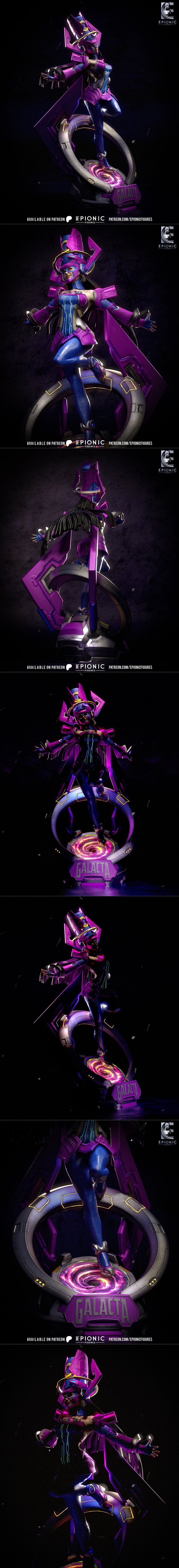 3D print model of Galacta in a purple and blue cosmic suit, standing on a base with swirling energy. Epionic Figures...
