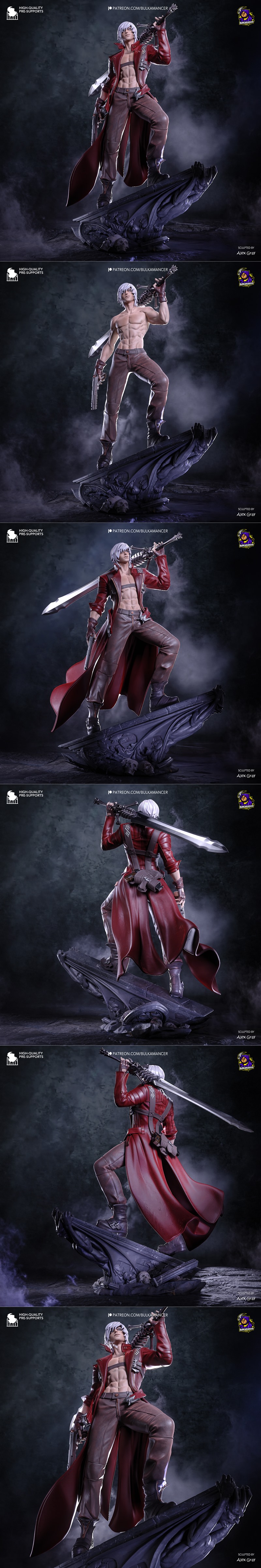 Dante from Devil May Cry 3 3D print model, shown in red coat and bare-chested variations, holding sword and guns on a...