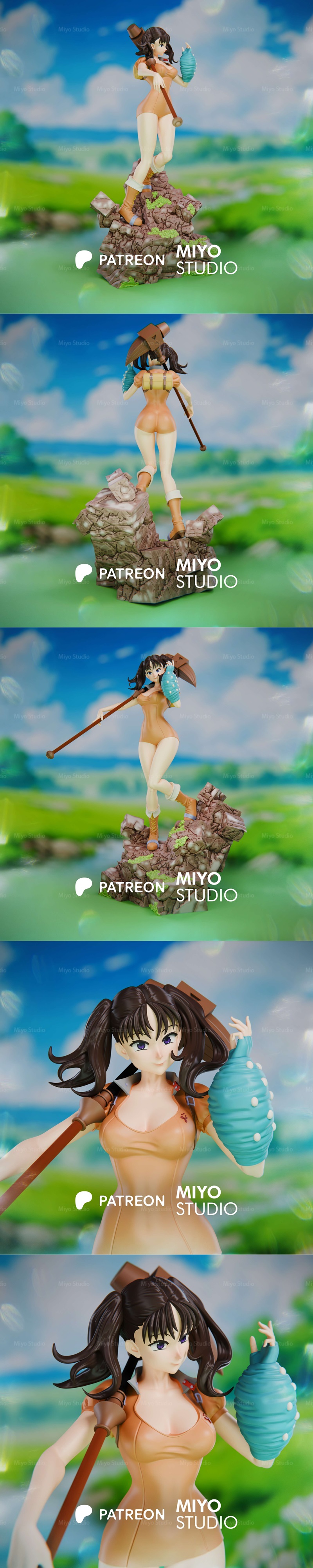 Diane from Seven Deadly Sins anime character 3D model, standing on a rocky base, holding a staff and a turquoise object.