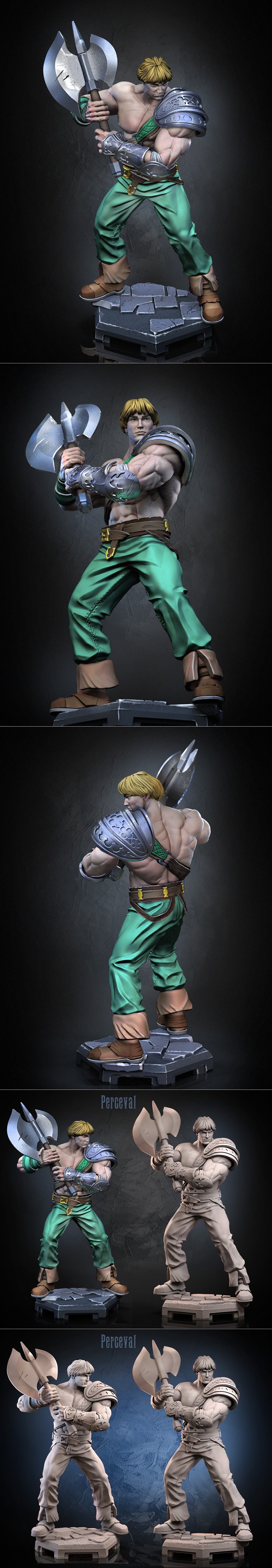 3D model of Perceval v1, a muscular male warrior with blonde hair, holding a large axe, wearing green pants and armor...