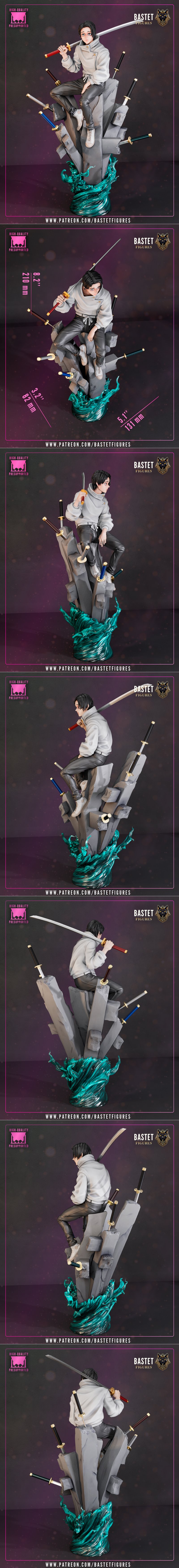 3D model of Yuta from Jujutsu Kaisen, seated with a katana on his shoulder, wearing a white jacket and dark pants, su...