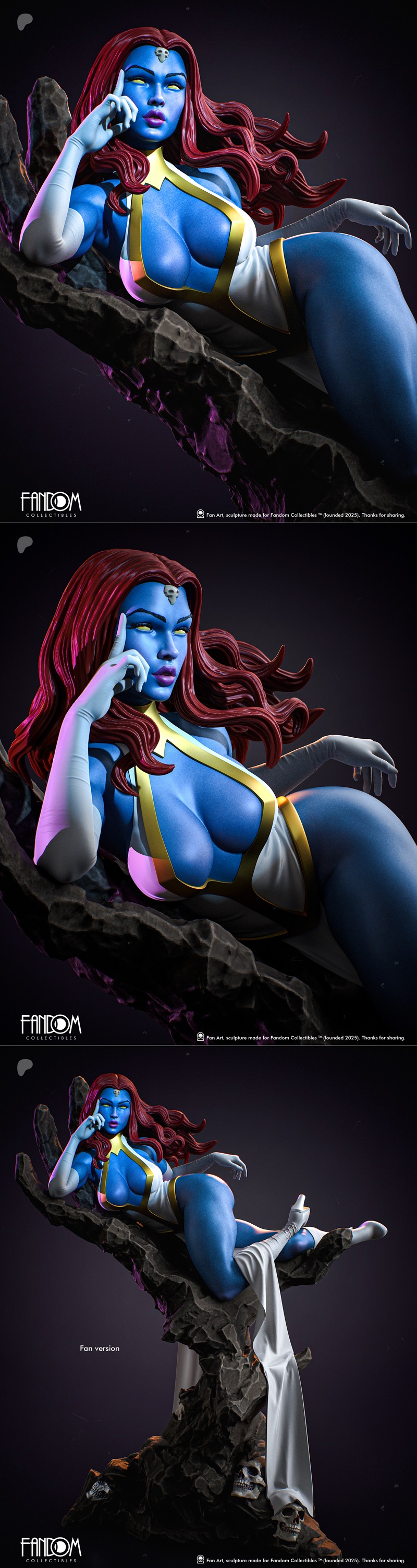 Mystique reclining on a dark, gnarled surface, wearing a white and gold costume, with blue skin and long red hair. Fa...