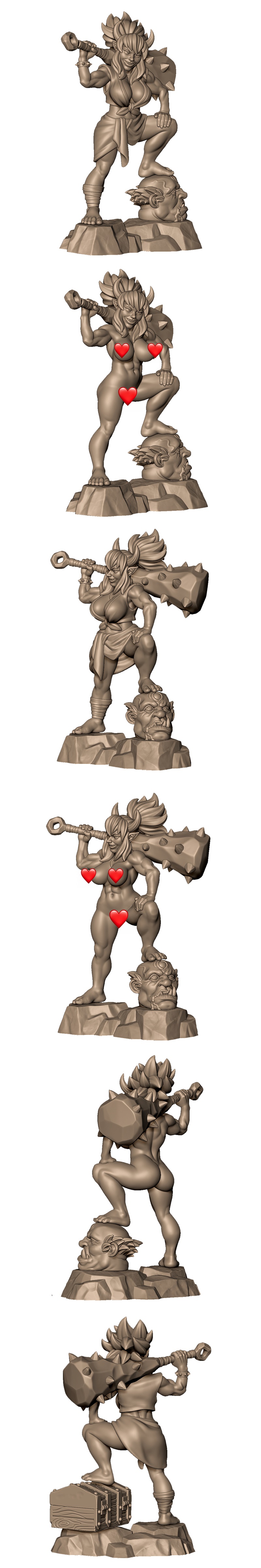 Muscular female oni warrior with horns and a spiked club, crouching on rocks with a severed head underfoot. Stylized...